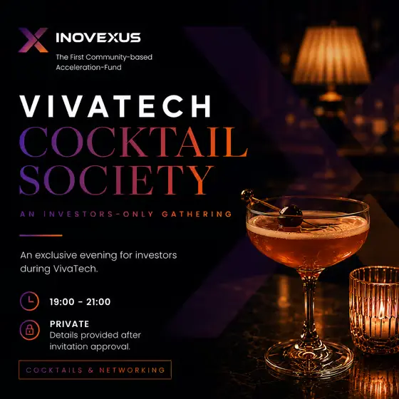 Promotional graphic for the Inovexus VivaTech Cocktail Society, featuring an elegant cocktail glass on a dimly lit table and event details for an exclusive investors-only networking gathering.