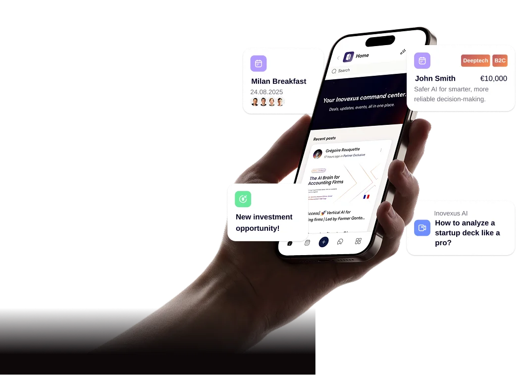 Hand holding a smartphone displaying the Inovexus platform dashboard, surrounded by floating cards featuring investor events, startup funding opportunities, AI-powered insights, and deal flow updates.
